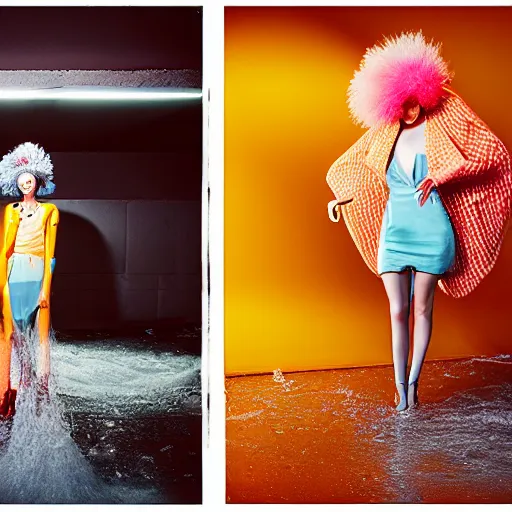 Prompt: medium format photograph of a surreal fashion shoot in a car wash, camera flash