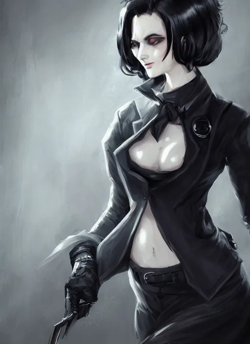 Image similar to a highly detailed illustration of beautiful short black messy haired woman wearing eyepatch!!!!!!!!!!!! and noir style suit and tie, dramatic smiling pose, intricate, elegant, highly detailed, centered, digital painting, artstation, concept art, smooth, sharp focus, league of legends concept art, WLOP