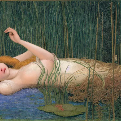 Image similar to ophelia, laying flat submerged in water, close up portrait, under the river amongst the reeds, fully covered in robes and lake foliage, weeds reeds, fully clothed in flowing medieval robes, by botticelli devinci rosetti and monet, 8 k