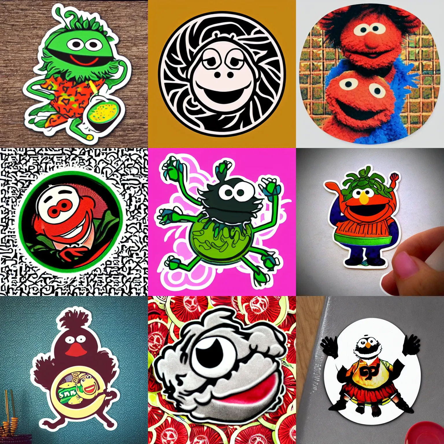 Prompt: pot-stickers-and-soy-sauce-gangsta, psychedelic sesame street icon tatoo sticker