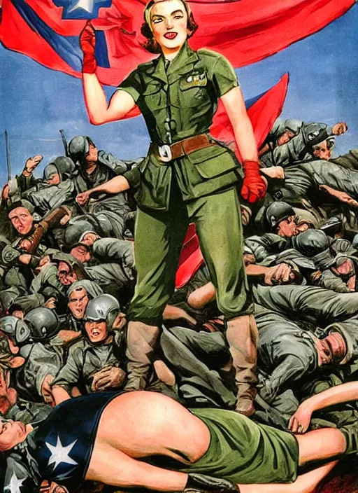 Image similar to beautiful female captain america standing on a pile of defeated german soldiers. feminist captain america wins wwii. boot on hitler's head. american wwii propaganda poster by james gurney
