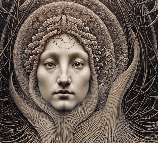 Image similar to detailed realistic beautiful moon goddess face portrait by jean delville, gustave dore, iris van herpen and marco mazzoni, art forms of nature by ernst haeckel, art nouveau, symbolist, visionary, gothic, neo - gothic, pre - raphaelite, fractal lace, intricate alien botanicals, ai biodiversity, surreality, hyperdetailed ultrasharp octane render