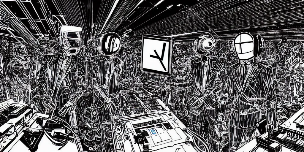 Prompt: intricate detailed artwork of 2 Daft Punk robot rock using Apple notebook Macbook at an underground warehouse rave in Ibiza, playing techno house music, thousands of beautiful girls in bikini dancing, in the style of Moebius, wires, speakers, black and white ink, some ink drips, sharp details