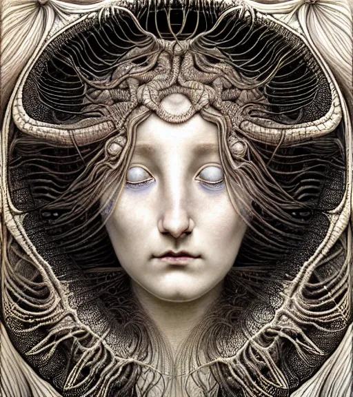 Image similar to detailed realistic beautiful beetle goddess face portrait by jean delville, gustave dore, iris van herpen and marco mazzoni, art forms of nature by ernst haeckel, art nouveau, symbolist, visionary, gothic, neo - gothic, pre - raphaelite, fractal lace, intricate alien botanicals, ai biodiversity, surreality, hyperdetailed ultrasharp octane render