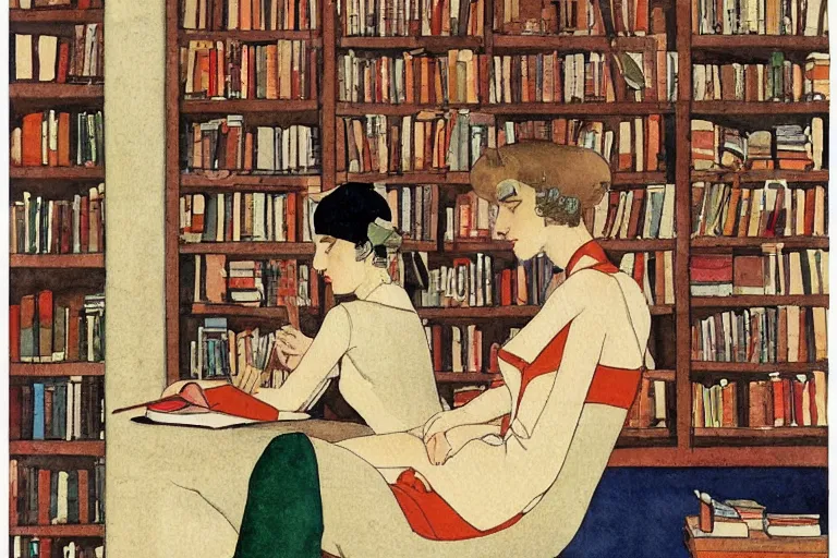 Prompt: woman wearing overalls in a bookstore warm colors simple geometric watercolor painting moebius george barbier