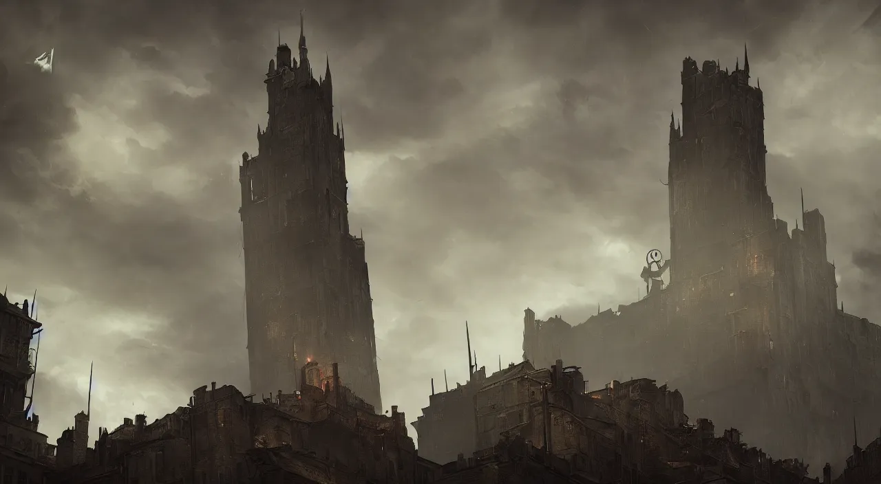 Image similar to dunwall tower, dishonored aesthetic, cinematic lighting, rainy weather, melancholy atmosphere, artstation, dunwall city, gothic architecture, volumetric light, octane render, dishonored game, dishonored 1, atmosphere or depression and despair