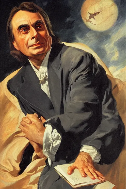 Prompt: Carl Sagan oil on canvas, golden hour, artstation, by J. C. Leyendecker and Peter Paul Rubens,