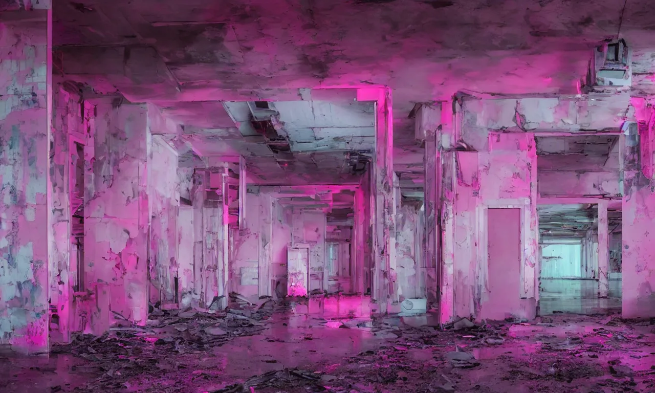 Image similar to backrooms abandoned mall, ominous neon pink and purple vaporwave lighting, moldy walls and shallow water, shadowy tall figures in the distance, bright smile in a dark spot