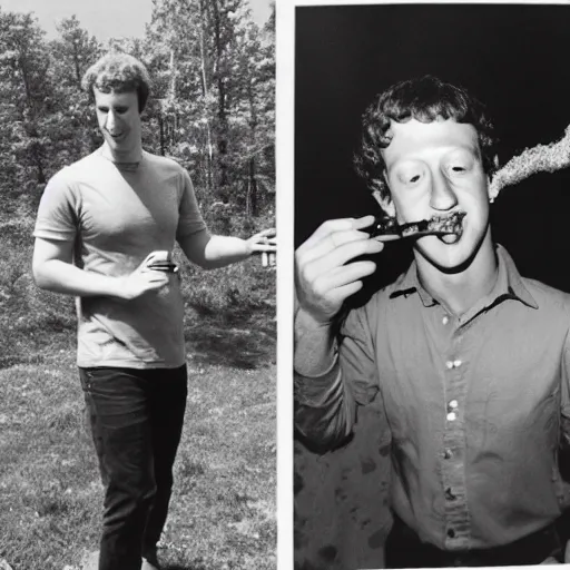 Image similar to photograph of mark zuckerberg smoking bongs and selling acid at powder ridge rock festival, 1 9 7 0