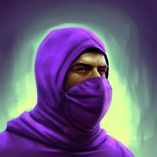 Image similar to ultra realistic illustration, man in a black hood, in a striped purple balaclava, mysterious, highly detailed, digital painting, artstation, concept art, smooth, sharp focus, illustration