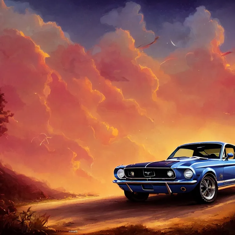 Image similar to a 1 9 6 8 mustang from behind driving down a country road, coriolios rpg art style, full of details, warm sunset colors, matte painting, artstation, 8 k, hyperrealistic, style of peter mohrbacher, album cover