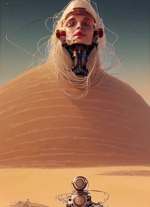 Prompt: highly detailed portrait of a robotic cyborg long curly white hair nomadic tribal lady, stray wiring, emerging from sand by atey ghailan, james gilleard, by joe fenton, by greg rutkowski, by greg tocchini, by kaethe butcher, 4 k resolution, gradient yellow, black and white color scheme!!! ( ( robotic sandstorm robotic pyramid landscape background ) )