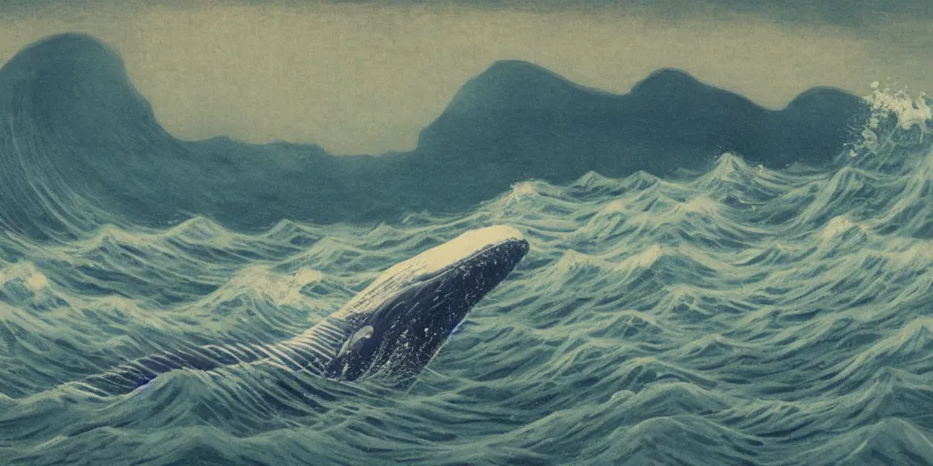 Prompt: An aesthetically pleasing, dynamic, energetic, lively, well-designed digital art of a whale, ripples, waves, sea foam, light and shadow, ocean caustics, aizome patterns, by Ohara Koson and Claude Monet, traditional Japanese colors, superior quality, masterpiece, excellent use of negative space.