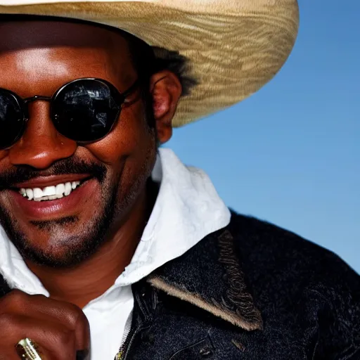 Prompt: black cowboy with round sunglasses and a cowboy hat looking back to camera and smiling, the cowboy has cigar in his mouth, closeup, detailed