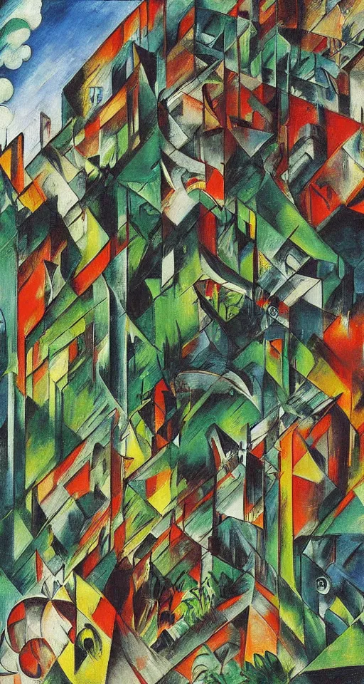 Image similar to on the street of abandoned town 2 people standing huddled together with spiny giant plants bursting through them, surreal, very coherent, intricate design, painting by Franz Marc