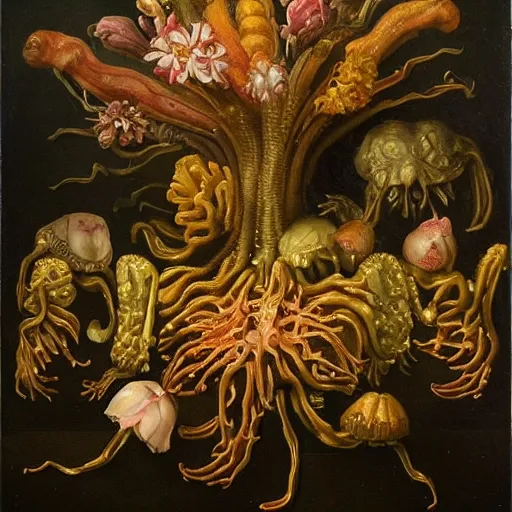 Image similar to disgusting disturbing strange dutch golden age oil painting bizarre mutant flower floral still life with many human toes realistic human toes blossoming everywhere insects very detailed fungus tumor disturbing tendrils bizarre slimy forms sprouting up everywhere by rachel ruysch christian rex van minnen black background chiaroscuro dramatic lighting perfect composition masterpiece high definition 8 k 1 0 8 0 p