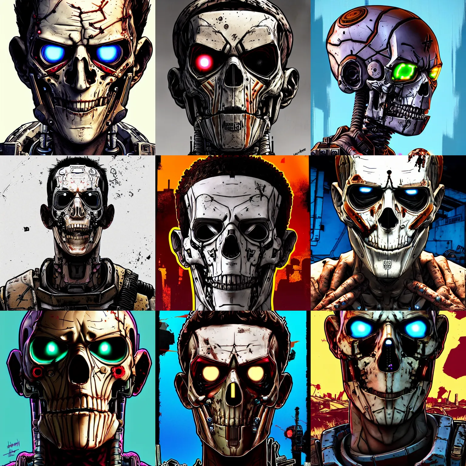 Prompt: borderlands 3 !!! mark zuckerberg! cell shaded! terminator endoskeleton scary head portrait of terminator skeleton half face mark zuckerberg! cyborg as Borderlands 3 concept art, llustration, postapocalyptic grunge, concept art by Laurie Greasley, highly detailed, sharp focus,alien, HQ, 4K ,art by Laurie Greasley