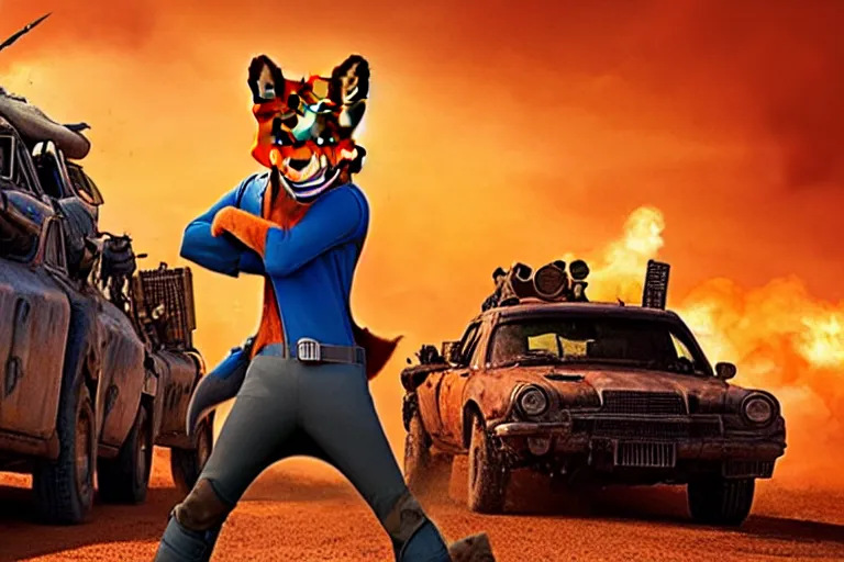 Image similar to nick wilde, heavily armed and armored facing down armageddon in a dark and gritty reboot from the makers of mad max : fury road