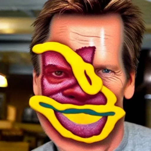 Image similar to kevin bacon face wrapped inside a cheeseburger