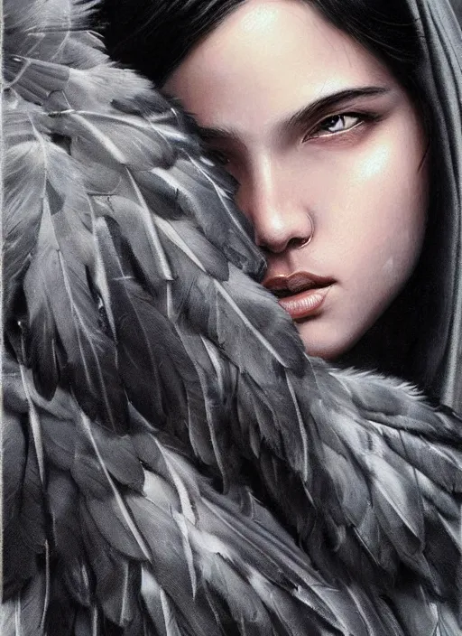 Image similar to a teenage fit girl with very short black hair and a huge cloak made of grey and black feathers. beautiful highly detailed face. beautiful painting by artgerm and greg rutkowski and raymond swanland, detailed portrait, closeup