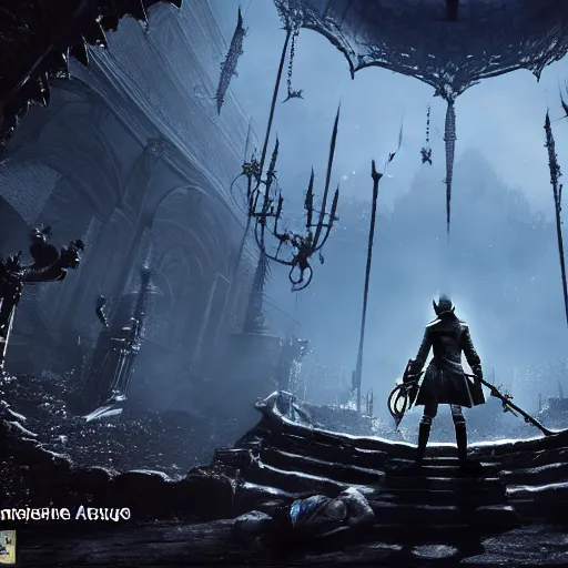 Image similar to unique screenshot from Bloodborne, underground cave, long shot view