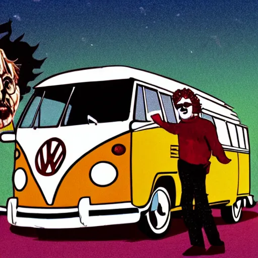 Image similar to illustration of jerry garcia (driving a Volkswagen bus) and waving