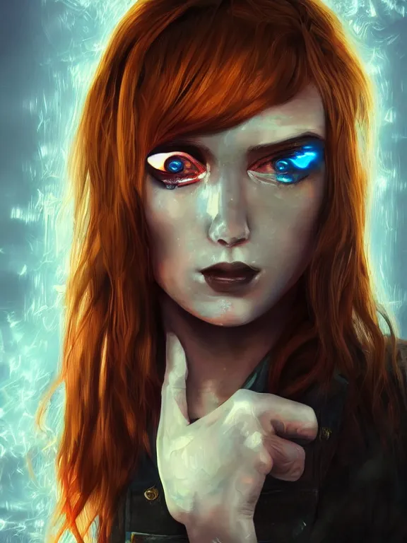 Image similar to digital illustration of a girl with eyes that burn like cigarettes wearing a short skirt and a long jacket with fingernails that shine like justice, dramatic lighting, photorealistic, extreme detail, 4 k, colorful, artgerm