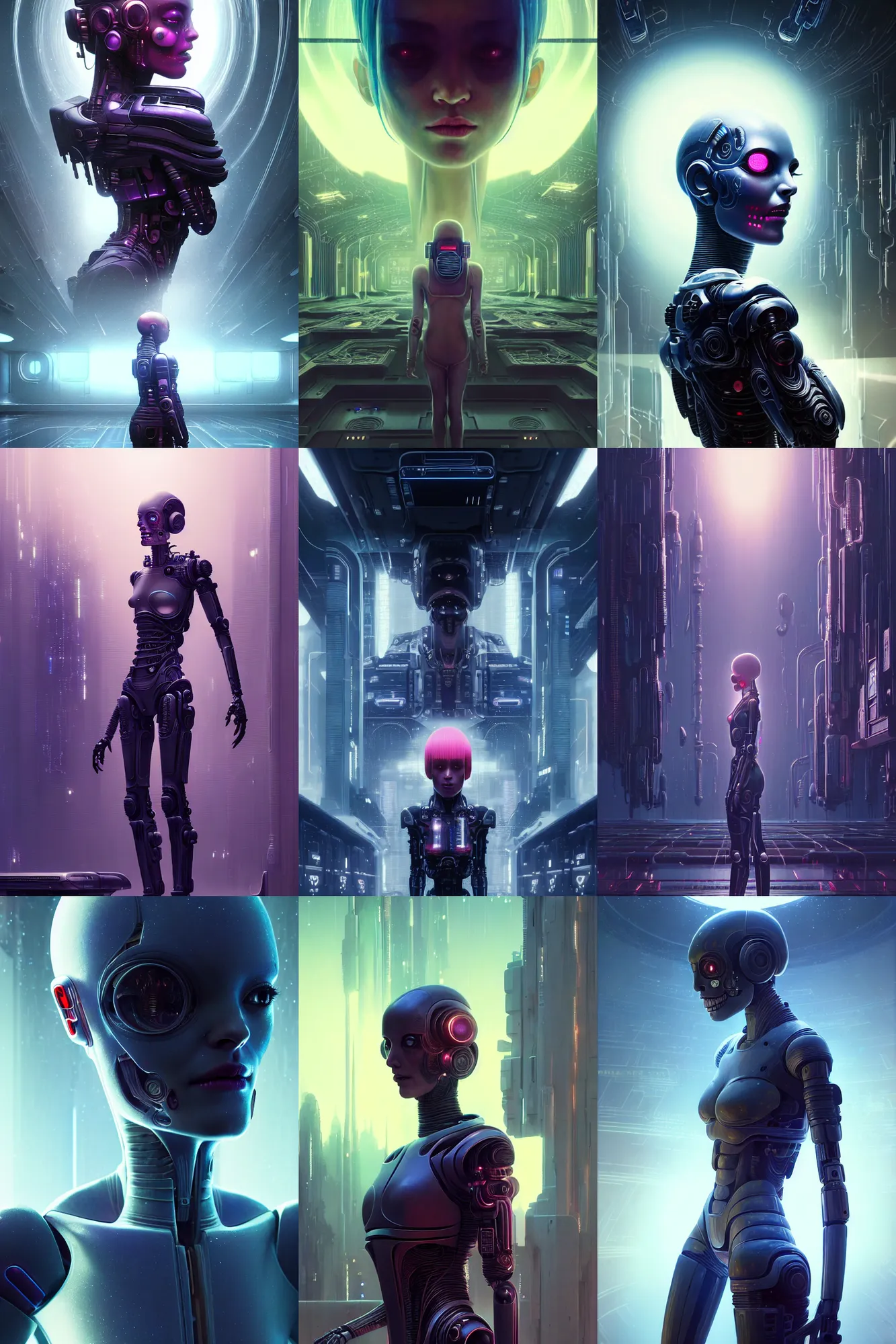 Prompt: beautiful crying! female android!, intricate detailed environment, photorealistic!, octane render, mechanical, concept art, cinematic lighting, interstellar, hyper realism, sharp, cyberpunk, bladerunner, 8 k, el dia los muertos!. by angus mckie, moebius, maciej kuciara, stanley lau, artgerm, greg rutkowski