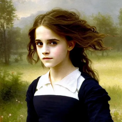 Image similar to painting. [ young ] emma watson as hermione granger 2 0 0 4. prisoner of azkaban. cheerful. happy. art by william adolphe bouguereau. during golden hour. extremely detailed. beautiful. 4 k. award winning.