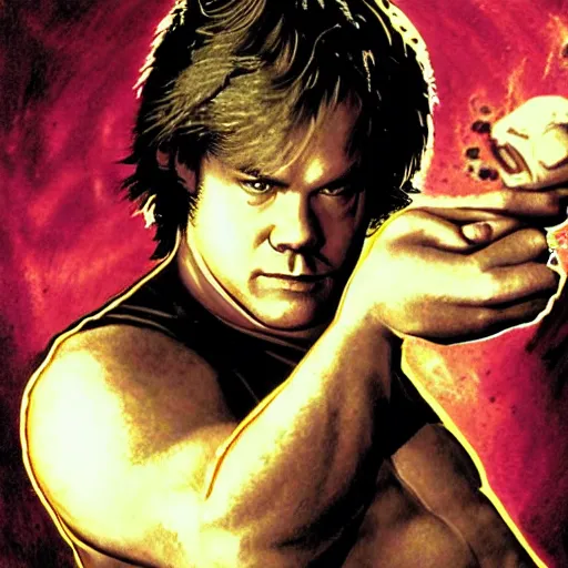 Image similar to portrait of philip seymour hoffman in double dragon video game splash screen