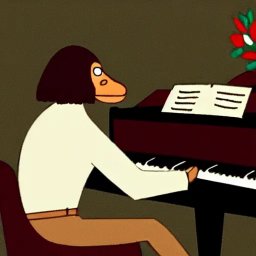 Prompt: a brown spaniel with a white chest , sat down playing a grand piano.modern. Cartoon. Artwork. no text