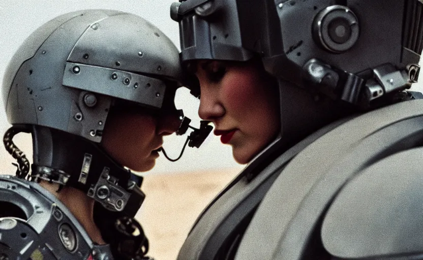 Image similar to cinestill 5 0 d photographic portrait by helen levitt of a female android couple wearing rugged black mesh techwear on a desolate plain, extreme closeup, modern cyberpunk, dust storm, 8 k, hd, high resolution, 3 5 mm, f / 3 2, ultra realistic faces, ex machina