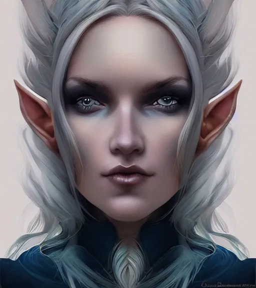 Image similar to A detailed digital art head on symmetrical fanart portrait of a distinguished elven woman with two-tone hair by Charlie bowater and lise deharme wlop, critical role