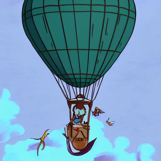 Prompt: cartoon of a ibis - headed man in a hot - air balloon floating in a sea of clouds in the style of yusuke nakano breath of the wild trending on art station concept art bronze age