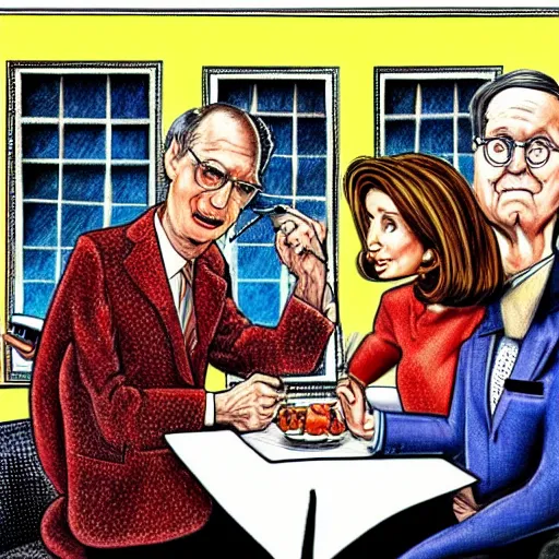 Image similar to The Artwork of R. Crumb and his Cheap Suit Mitch McConnell and Nancy Pelosi go out to a diner, pencil and colored marker artwork, trailer-trash lifestyle