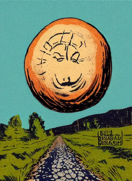 Prompt: an extreme close - up portrait of a spherical bread with face on it on a path in forest, by billy childish, thick visible brush strokes, shadowy landscape painting in the background by beal gifford, vintage postcard illustration, minimalist cover art by mitchell hooks