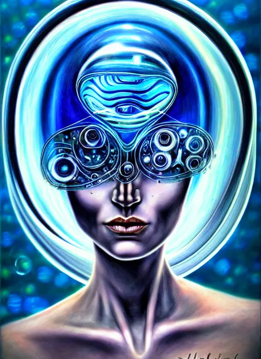 Prompt: biopunk cyborg portrait by julie bell, intricate biopunk patterns, mesmerizing blue eyes, glass bubble helmet, underwater, detailed!, very sharp!!!