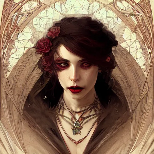 Prompt: portrait of a vampire, D&D, fantasy, intricate, elegant, highly detailed, digital painting, artstation, smooth, sharp focus, illustration, art by artgerm and greg rutkowski and alphonse mucha