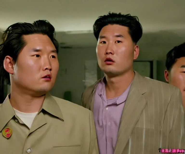 Prompt: hyperralism pineapple express ( 2 0 0 8 ) movie still photography of realistic detailed north korean kim chen with detailed face smoking reviewing detailed weed bush in detailed basement bedroom ultra violet light