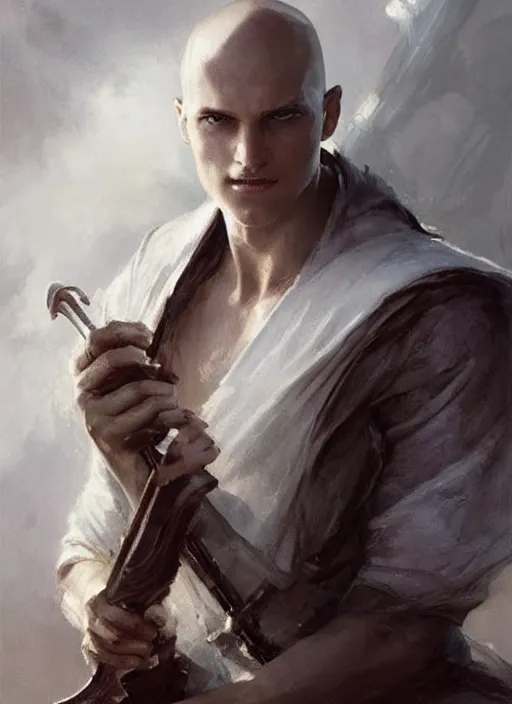 Image similar to a young man with wide, intense eyes. he is bald and clean shaven, dressed entirely in white and holding a huge sword. painting by greg rutkowski and raymond swanland