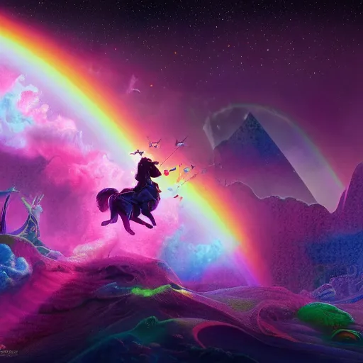 Image similar to beautiful matte painting, rainbow colored pink pink darth vader wearing pink wearing pink, riding a unicorn, riding a unicorn, riding a one-horned unicorn over a glittering rainbow, in psychedelic space, by lisa frank and dan mumford, octane render, HDR, vivid color, volumetric lighting, unreal engine, concept art, CGsociety, trending on artstation