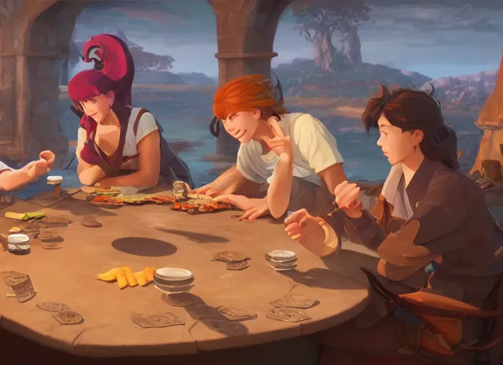 Prompt: friends playing rol games d & d around a table, eating chips and throwing 2 0 side dices. tim hildebrandt, studio ghibli, octane render, digital art, trending on artstation, beautiful composition,