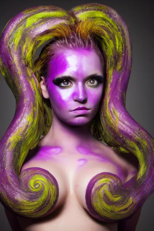 Image similar to purple - skinned alien girl with tentacle hair, cosplay, photo shoot, body paint, beautiful symmetric face, studio lighting