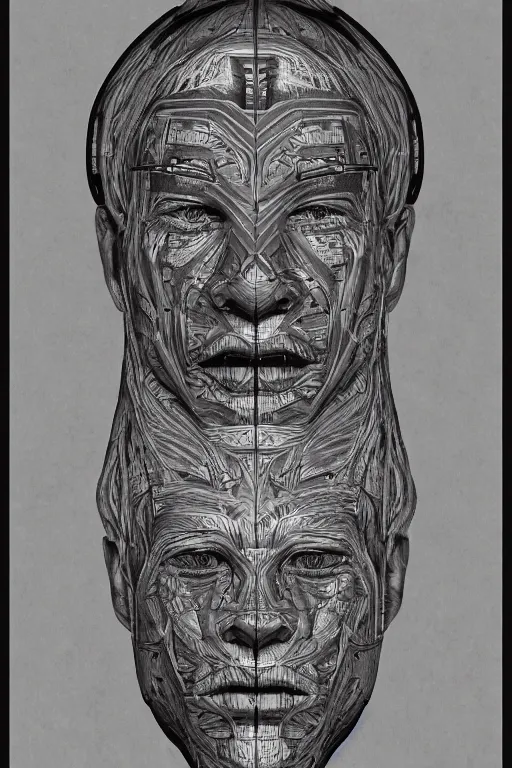 Image similar to aztec facial anatomy with gunmetal grey skin, medical anatomy, very symmetrical face, highly detailed, three - perspective / three - view reference sheet ( front / back / side ), in the style of dan ouellette, steven jung, amanda lilleston, hr giger, sil from species, dren from splice, mecha, artstation, unreal engine