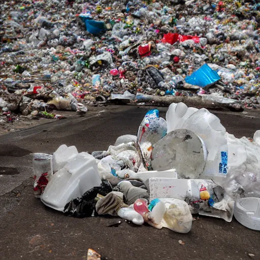 Image similar to lumpy dirty styrofoam garbage dump next to a broken mannequin, sigarette buds, wet newspaper, magazines, dirty water puddle, 8k - width 1080