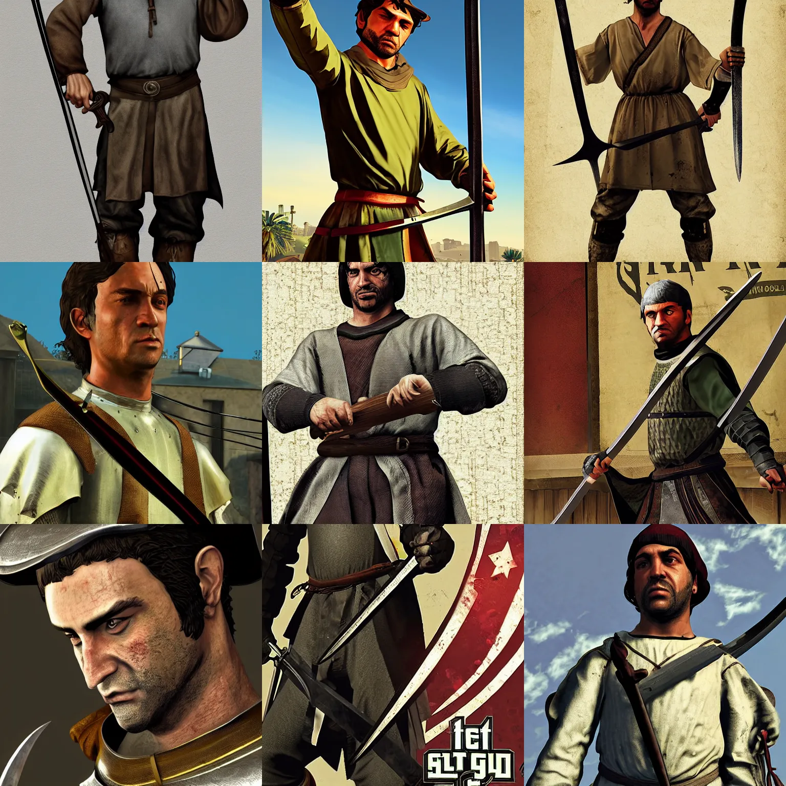 Prompt: Medieval swordsman, closeup, detailed, GTA V poster