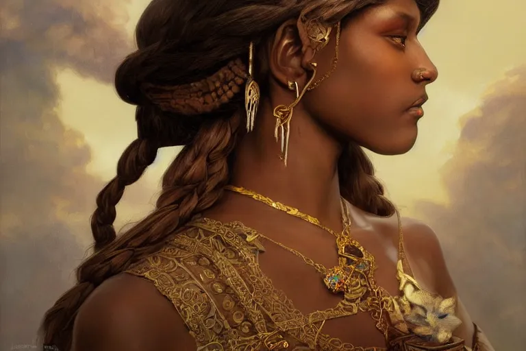 Image similar to portrait of Princess Zelda, brown skin, fantasy, intricate, elegant, dramatic lighting, emotionally evoking symbolic metaphor, highly detailed, lifelike, photorealistic, digital painting, artstation, concept art, smooth, sharp focus, illustration, art by John Collier and Albert Aublet and Krenz Cushart and Artem Demura and Alphonse Mucha