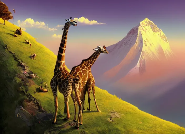 Prompt: a giraffe on the himalaya mountain, summer morning, very coherent and colorful high contrast, art by gediminas pranckevicius, geof darrow, dark shadows, hard lighting