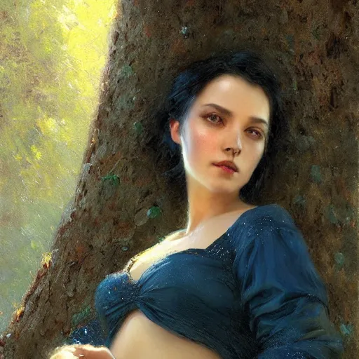 Image similar to portrait of a woman resting on a large tree, short black hair, decorative dark blue clothing, sharp focus, ultra realistic digital painting, colorful, cinematic lighting, high fantasy, intricate, highly detailed, smooth, elegant, gaston bussiere, bayard wu, greg rutkowski