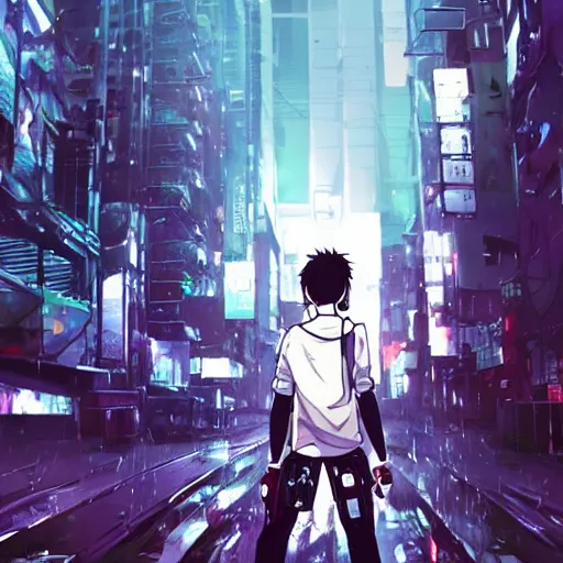 Image similar to android mechanical cyborg in overcrowded urban dystopia raining makoto shinkai wide angle shot